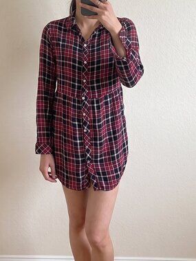 Lee Cooper Plaid Babydoll Button-Up Top Dress | Burgundy | Long Sleeve